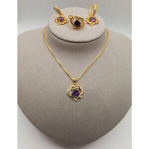 Gold Purple CZ Heart Jewelry Set Necklace Ring Earrings